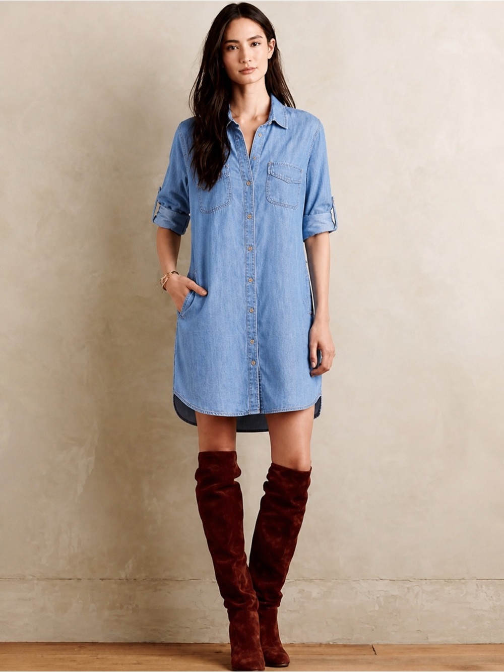 Cloth & Stone Anthro Chambray Shirt Dress XS Button Front Tunic - Picture 1 of 8